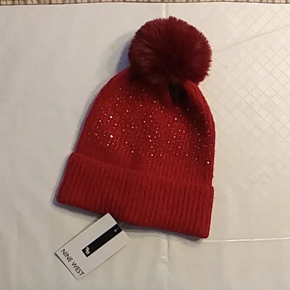 Nine West Accessories Nine West Red Sparkly Winter Hat W Pom